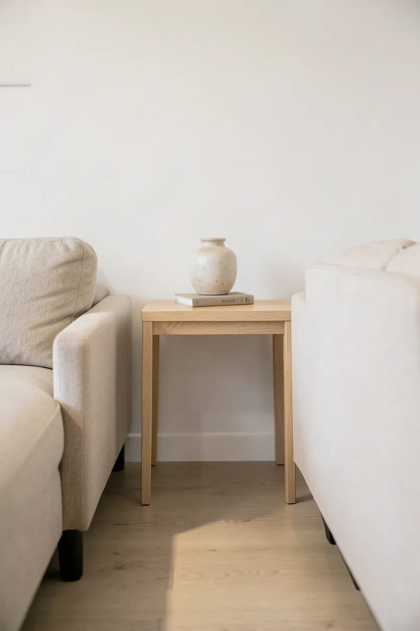 Slim light wood console table behind a sofa with a small lamp and minimal decor in a compact Scandinavian living room