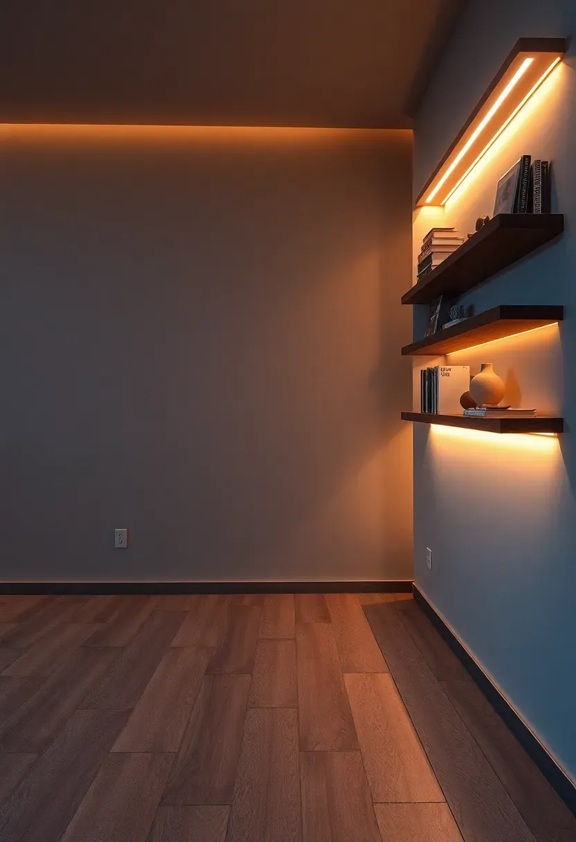 Warm LED strip lighting installed along the base of a basement wall and behind floating shelves creating an ambient glow