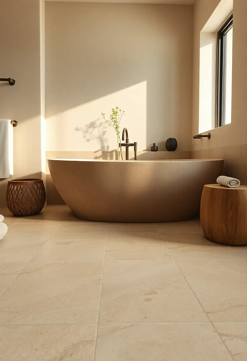Honed travertine bathroom floor in warm cream tones with natural pitting and a freestanding stone tub
