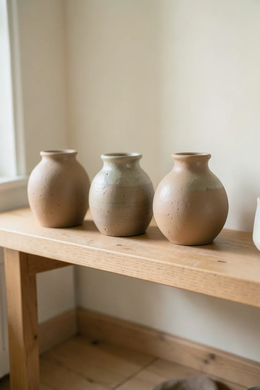 Handmade stoneware ceramics in matte neutral glazes grouped on a wood shelf in a minimalist apartment