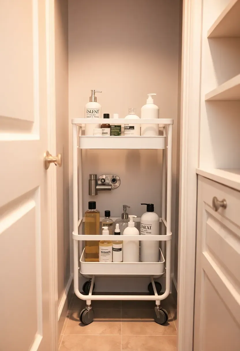 Slim white rolling cart tucked between a bathroom closet wall and shelving unit holding toiletries on three tiers