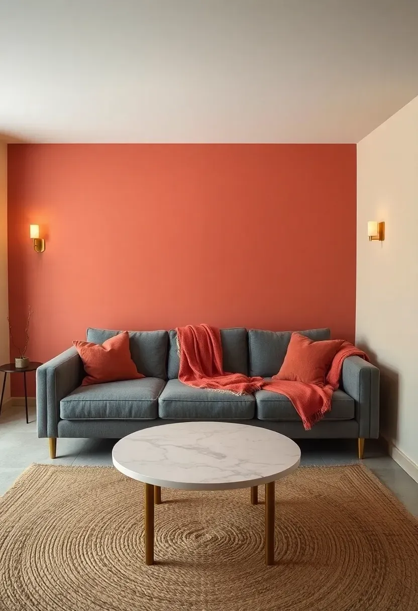 basement accent wall in muted coral with modern furniture and warm lighting