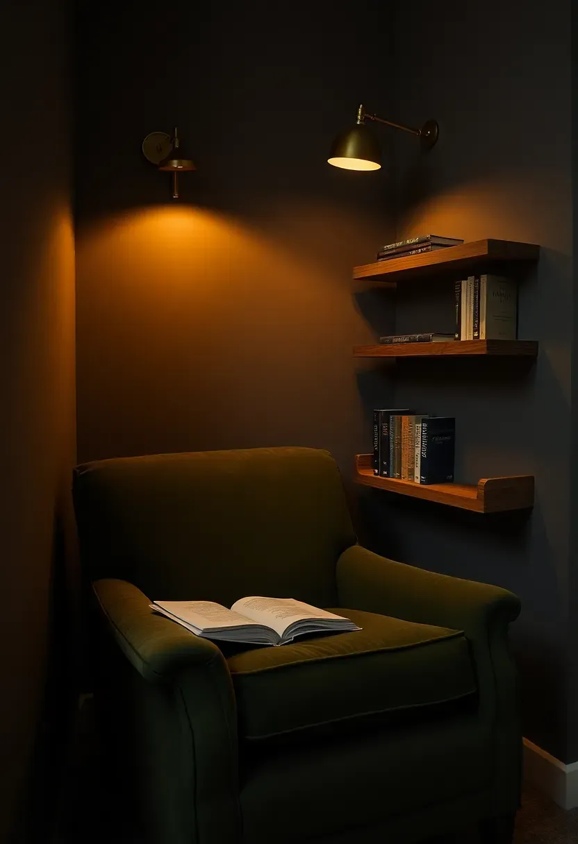 cozy basement reading alcove with built-in shelves armchair and warm wall sconce