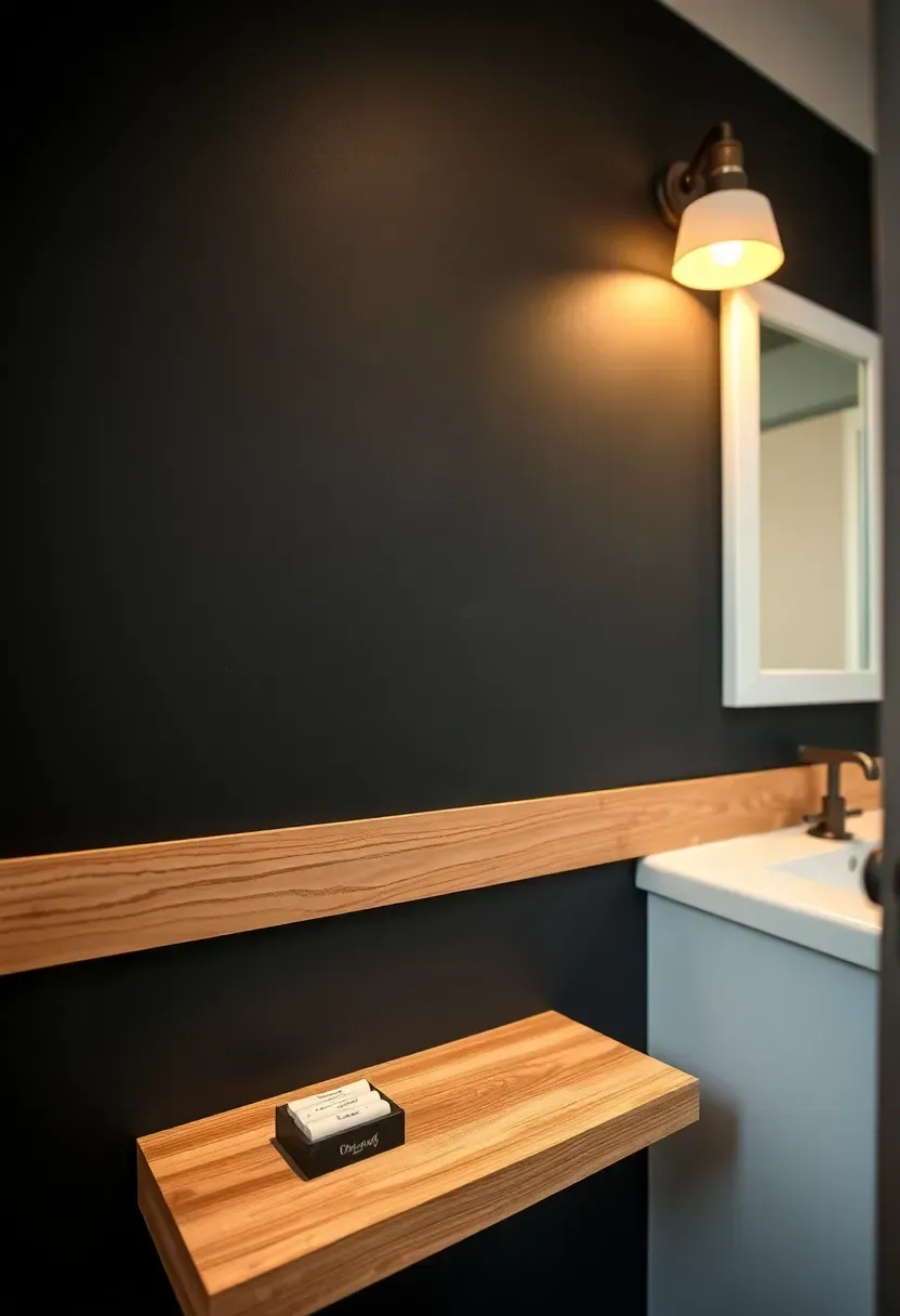 Matte black chalkboard paint accent wall behind a white bathroom vanity with handwritten chalk quote
