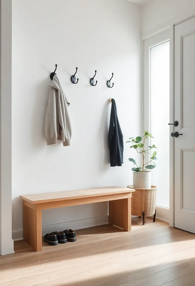 Clean Scandinavian entryway with white walls, light oak bench, wall-mounted coat hooks, and a single potted fiddle-leaf fig