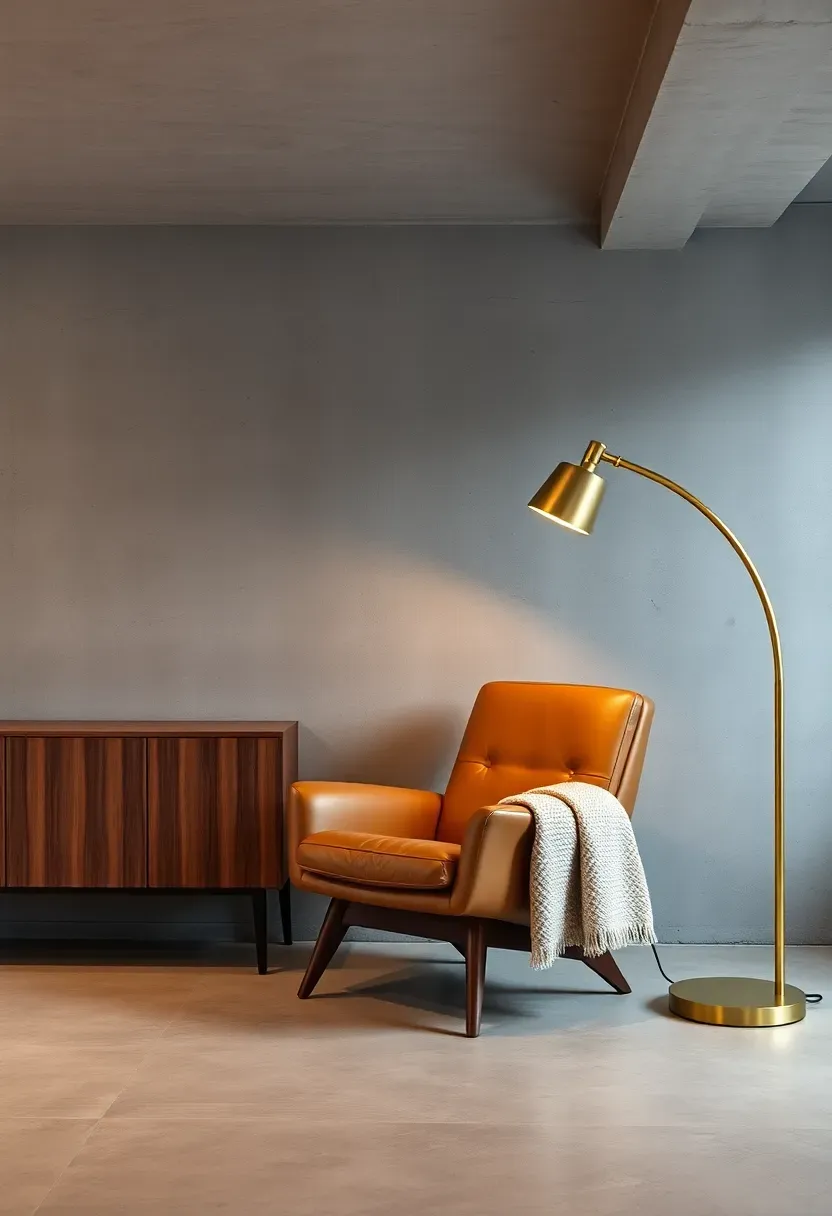 Smooth gray concrete skim coat accent wall in an industrial-style basement lounge with mid-century modern furniture
