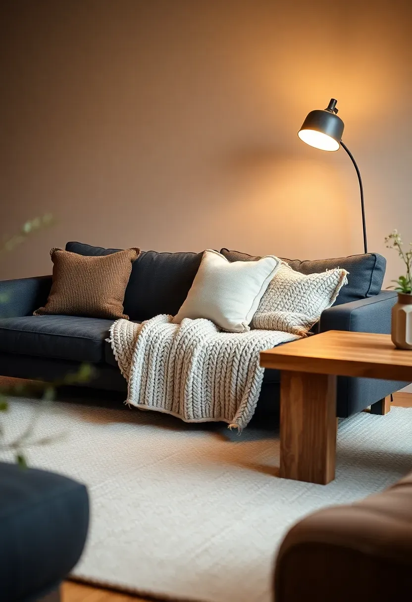 Hyper-realistic 3/4 view of living room with dark grey couch on cream textured rug, beige throw pillows, taupe walls, light brown wood coffee table. Materials: dark charcoal woven fabric, chunky knit cream throw, nubby wool rug, light oak wood. Warm diffused light from floor lamp and table lamp, soft amber glow. Cozy minimalist mood like warm hug. Shallow depth of field, visible plant pot and ceramic side table. No text, no logos, no watermarks.</p>