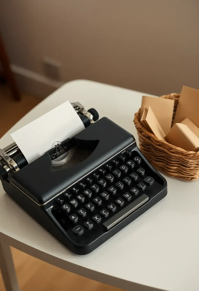 vintage typewriter set up as a baby shower guest book station with typed message cards in a basket beside the machine and a sign reading type a note for baby on an elegant styled table