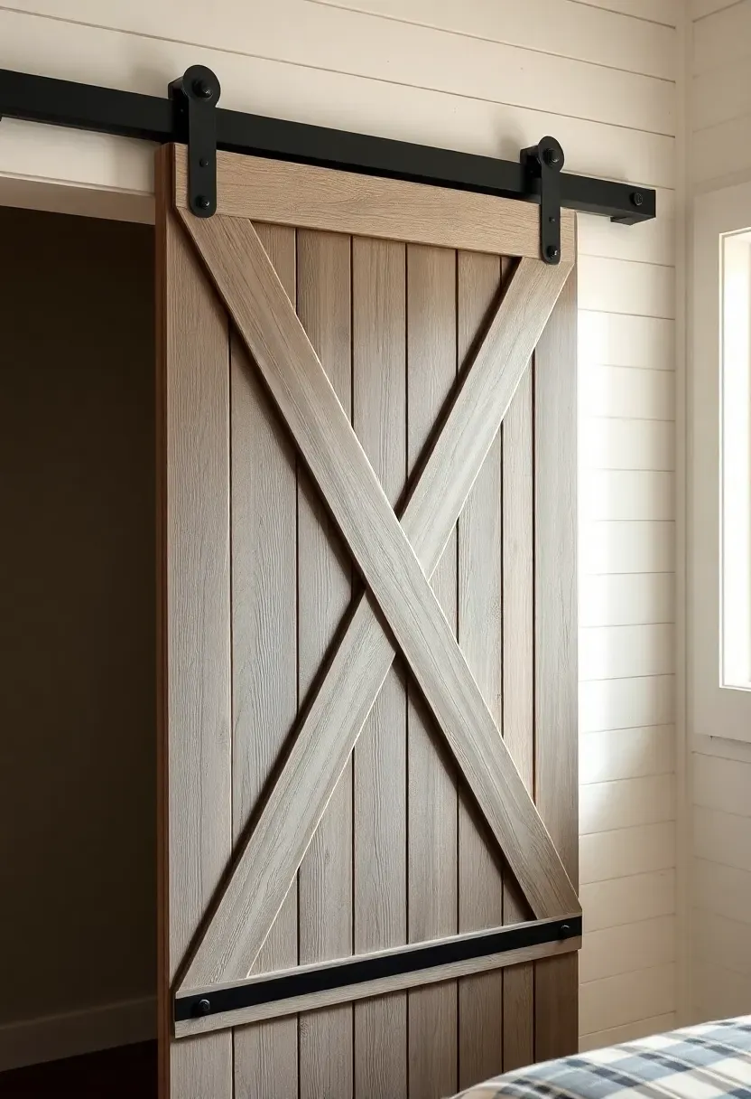 Classic X-brace farmhouse barn door in weathered gray wood with iron strap hinges and black track hardware covering a bedroom closet