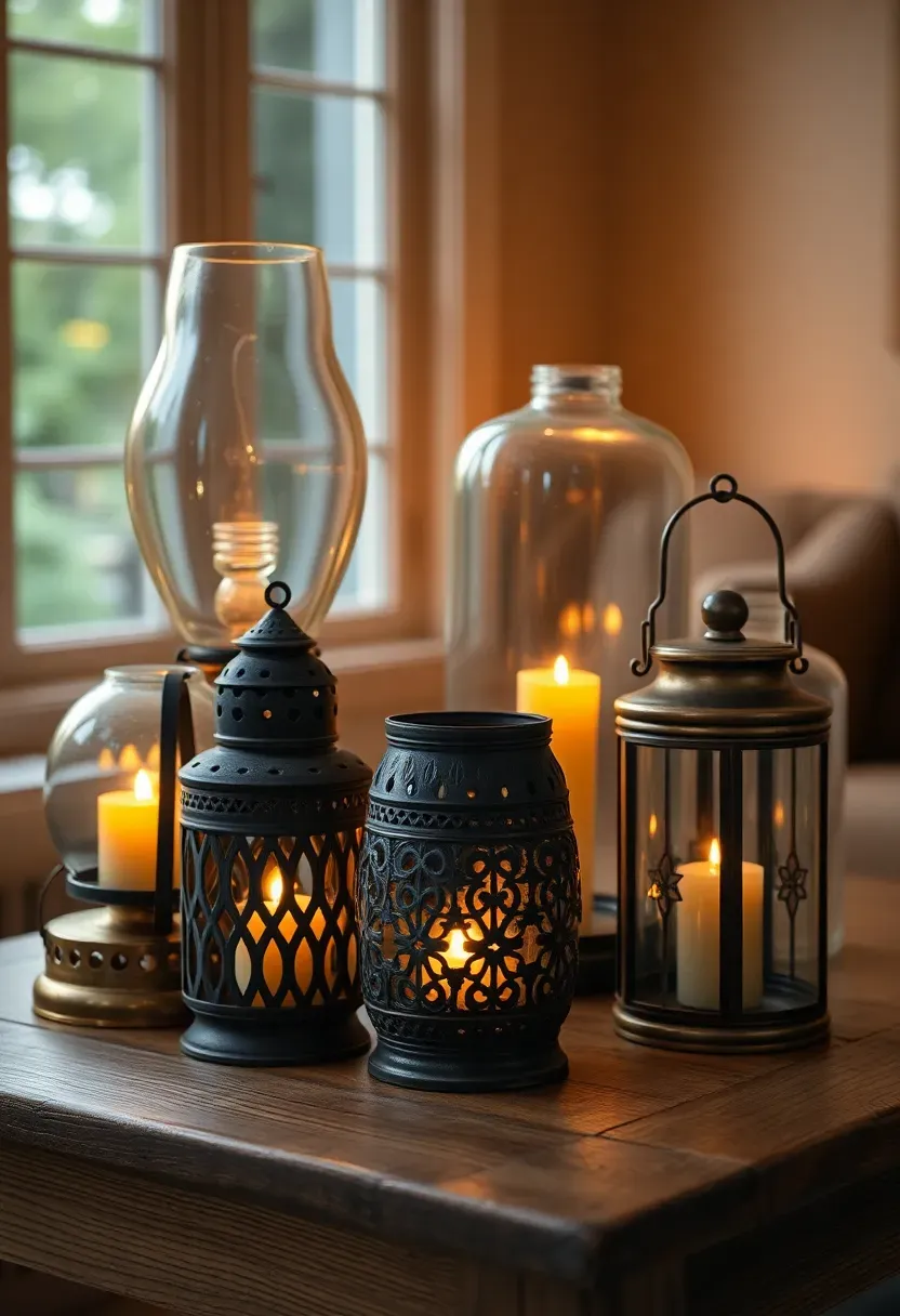 Collection of vintage metal and glass lanterns arranged on a sunroom side table with candles lit inside