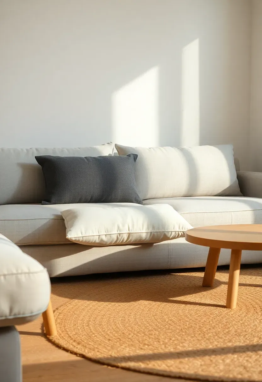 Hyper-realistic 3/4 view of minimalist living room with light gray sofa, two rectangular floor cushions in darker gray and off-white stacked neatly beside sofa, low round wooden coffee table, white walls, jute rug. Materials: smooth gray sofa fabric, textured cushion fabrics, light wood table, natural jute, white plaster. Warm natural light (4500K), soft shadows, casual relaxed atmosphere. Japandi-inspired minimalist mood, shallow depth of field, sharp details showing cushion arrangement, flexible seating, no clutter, no text, no logos.</p>