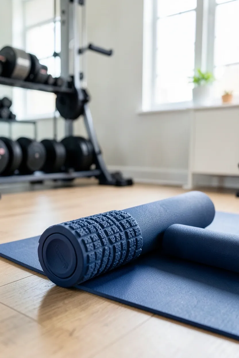 Deep-textured gray foam roller on a rubber gym floor in a minimalist home workout room — recovery and mobility essential for apartment gyms
