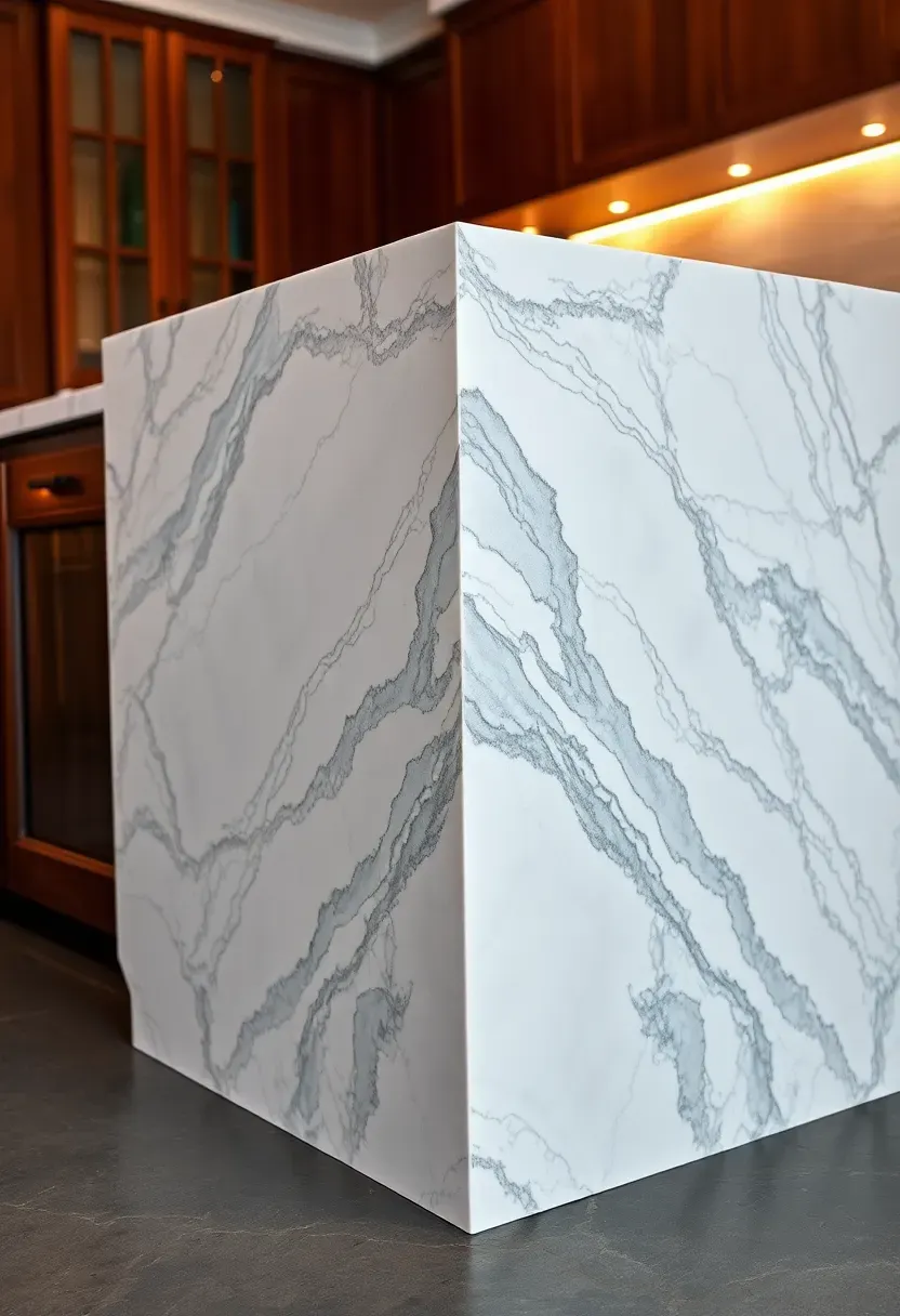Kitchen island with dramatic waterfall edge marble counter flowing to the floor