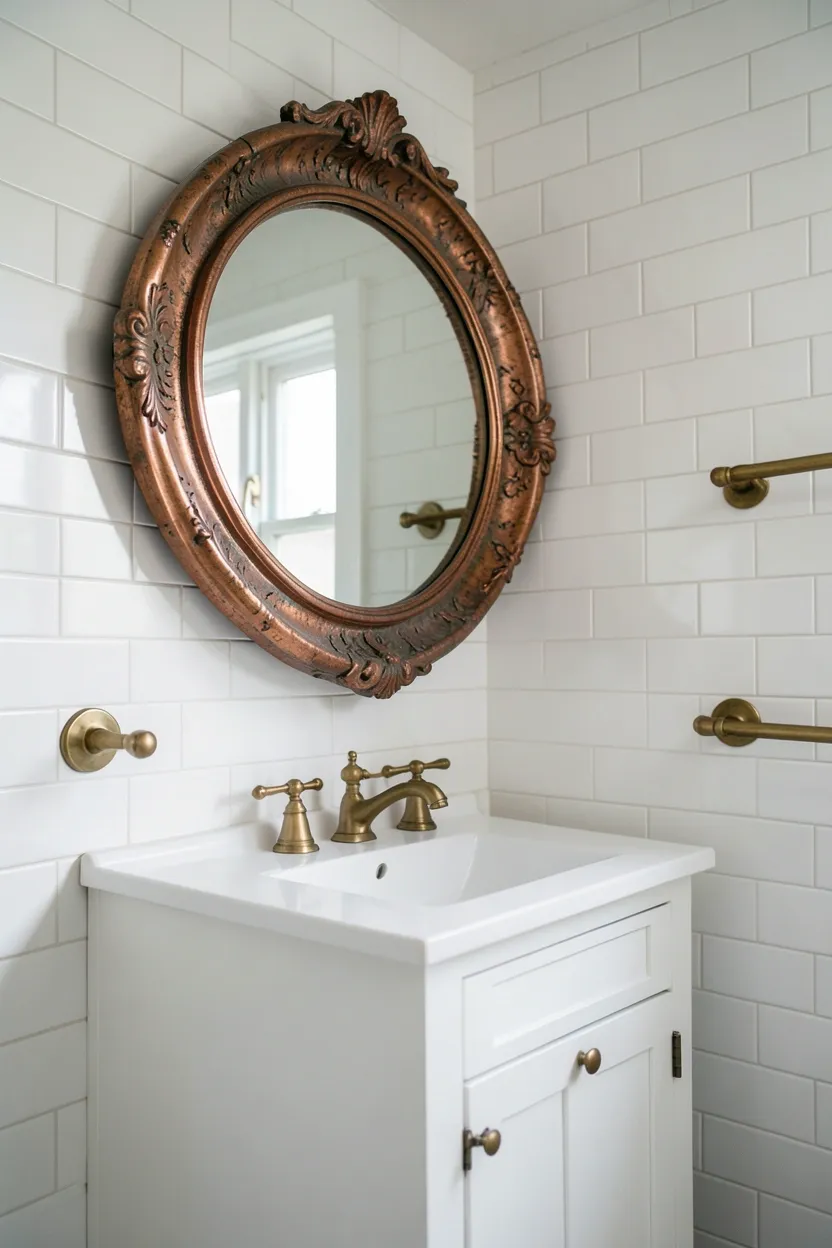 Hyper-realistic eye-level photograph of a rustic bathroom featuring large round mirror with ornate aged copper frame and patina, mounted on white subway tile wall, white vanity with brass hardware, brass towel rail. Natural light reflecting off copper. Materials: aged copper metal frame, white ceramic tiles, brass fixtures, white wood cabinet. Warm copper patina. Ornate copper details. No text, no logos, no watermarks.</p>