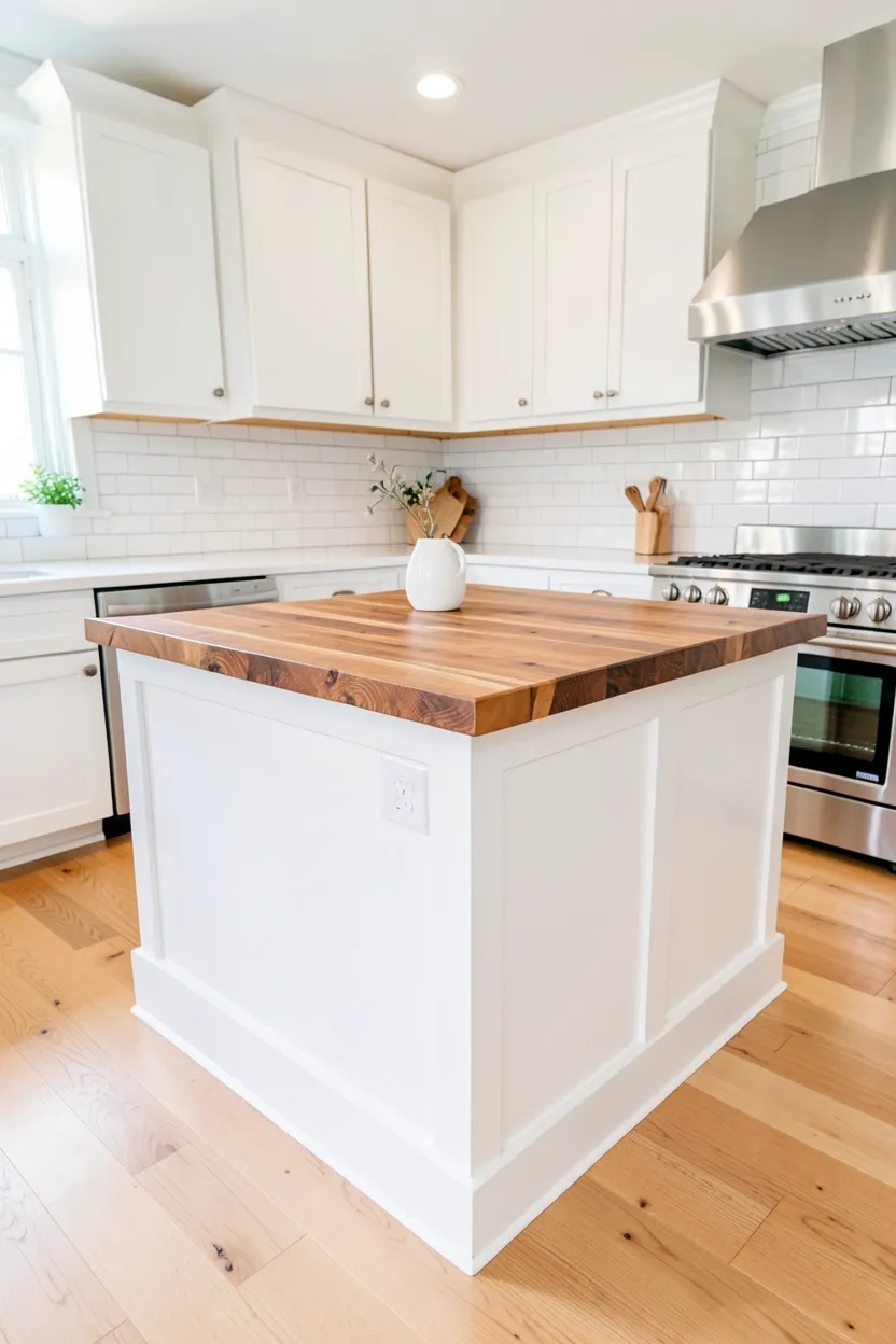 Butcher block kitchen island with warm wood surface surrounded by white perimeter cabinets, a cozy functional centerpiece in a white and wood kitchen