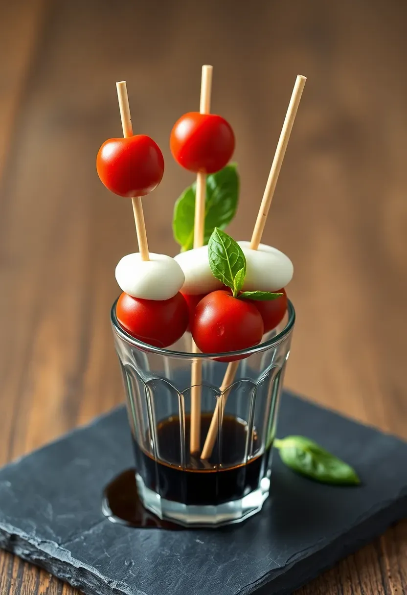 Caprese skewer charcuterie cup with cherry tomatoes, basil and mozzarella on sticks