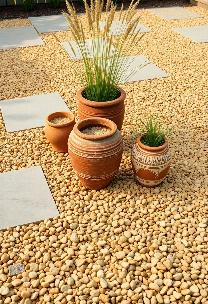 Paver and pea gravel hybrid patio with large square pavers spaced apart in a field of smooth tan pea gravel with potted plants