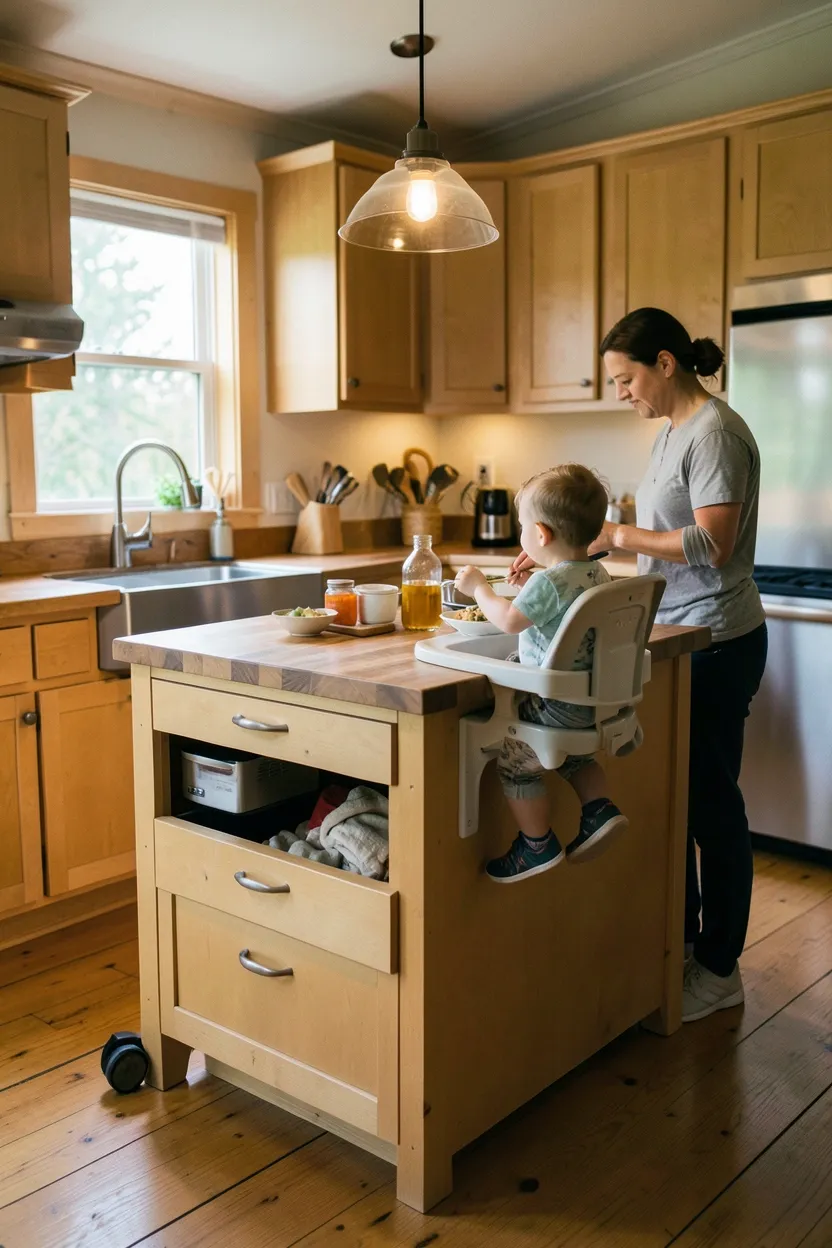 Compact white kitchen island in a tiny house with integrated clip-on high chair and lower toddler-height cubbies for dishes and snacks