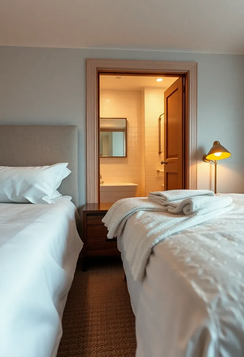 Basement guest suite with a queen bed, nightstands, soft reading lights, and an ensuite bathroom visible through a doorway