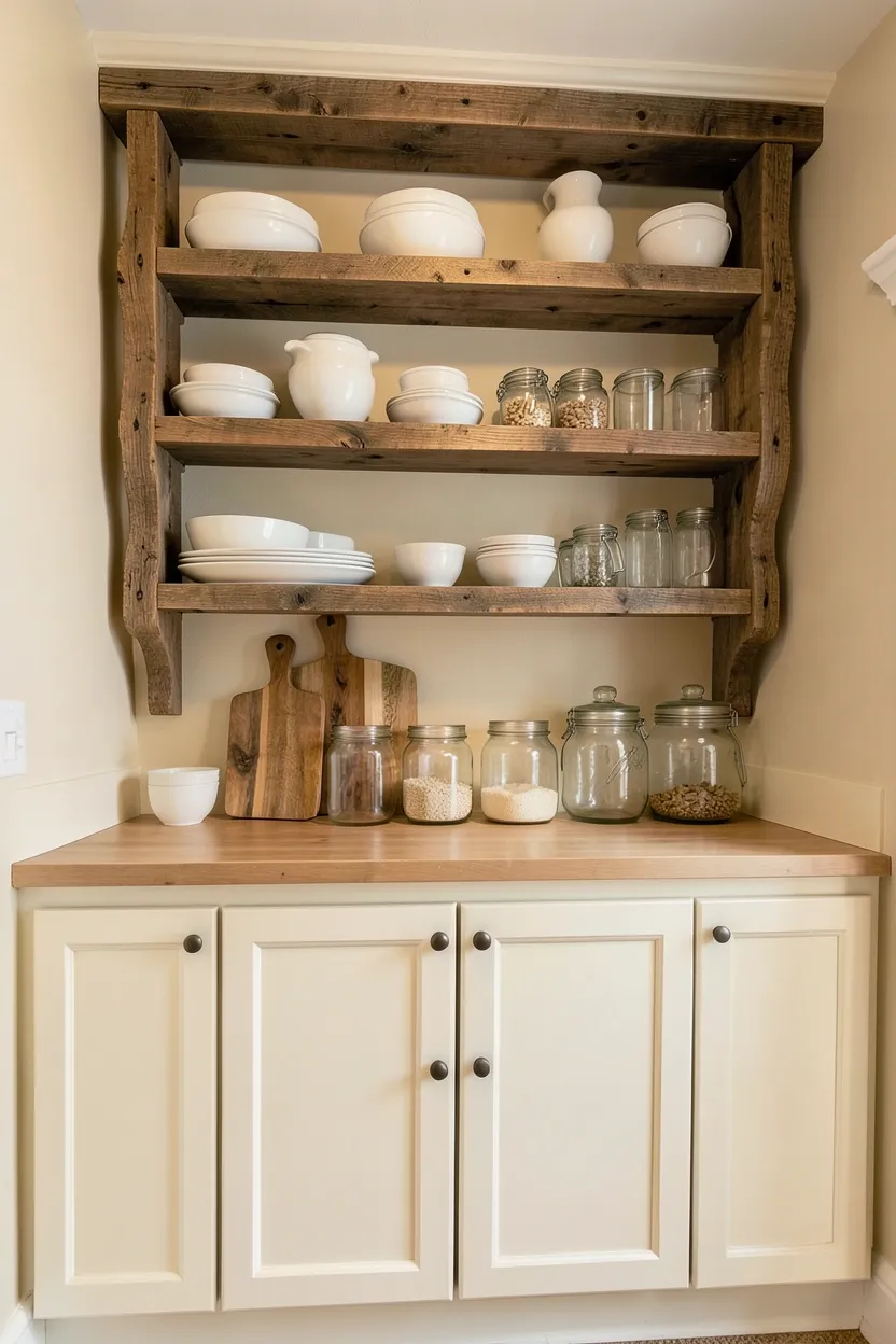 Reclaimed wood open shelving with handmade iron brackets displaying white ceramic dishes in a cozy farmhouse kitchen