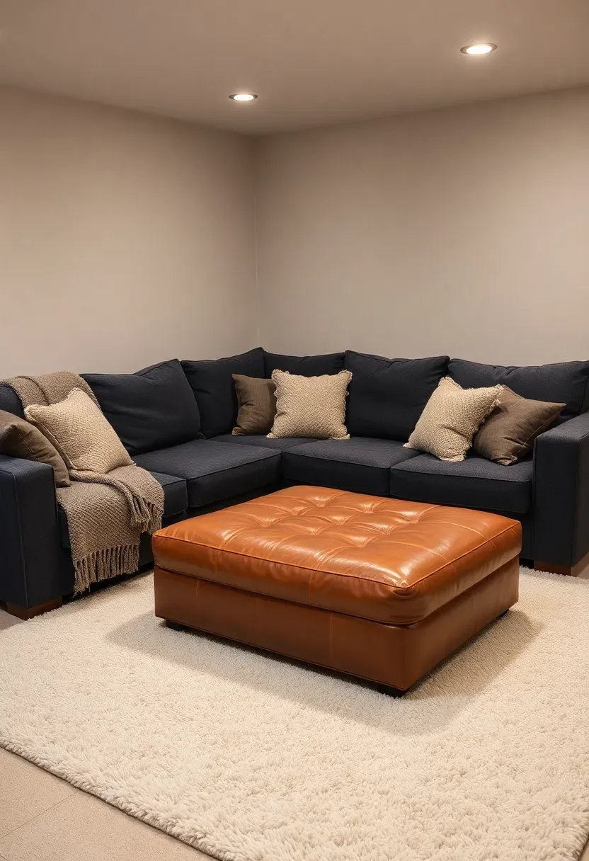 Deep L-shaped sectional sofa in charcoal fabric filling a basement tv room corner, plush throw blankets draped over the armrest, and a large ottoman in the center
