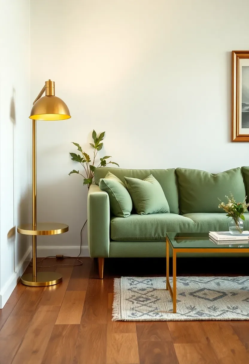 Hyper-realistic 3/4 view of sage green living room featuring white walls, sage sofa, brass floor lamp with warm glow, brass-legged coffee table, brass frame on wall. Materials: sage green upholstery, white walls, brass metal with warm patina, oak floor. Warm light from brass lamp, elegant metallic mood. Brass accents as warm counterpoint to sage, shallow depth of field, no text, no logos.</p>
