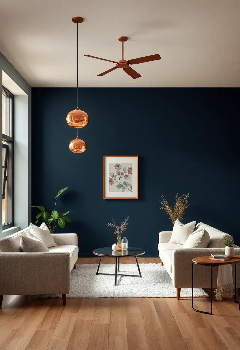 Hyper-realistic wide shot of minimalist living room with navy blue walls copper pendant lights copper picture frames copper coffee table legs cream sofa white rug. Materials: matte navy blue paint brushed copper fixtures with warm patina cream linen sofa white wool rug. Warm natural daylight with copper fixtures reflecting golden-orange highlights against navy contemporary inviting atmosphere. Sharp contrast between navy walls and copper accents clean composition no clutter no text no watermarks.</p>