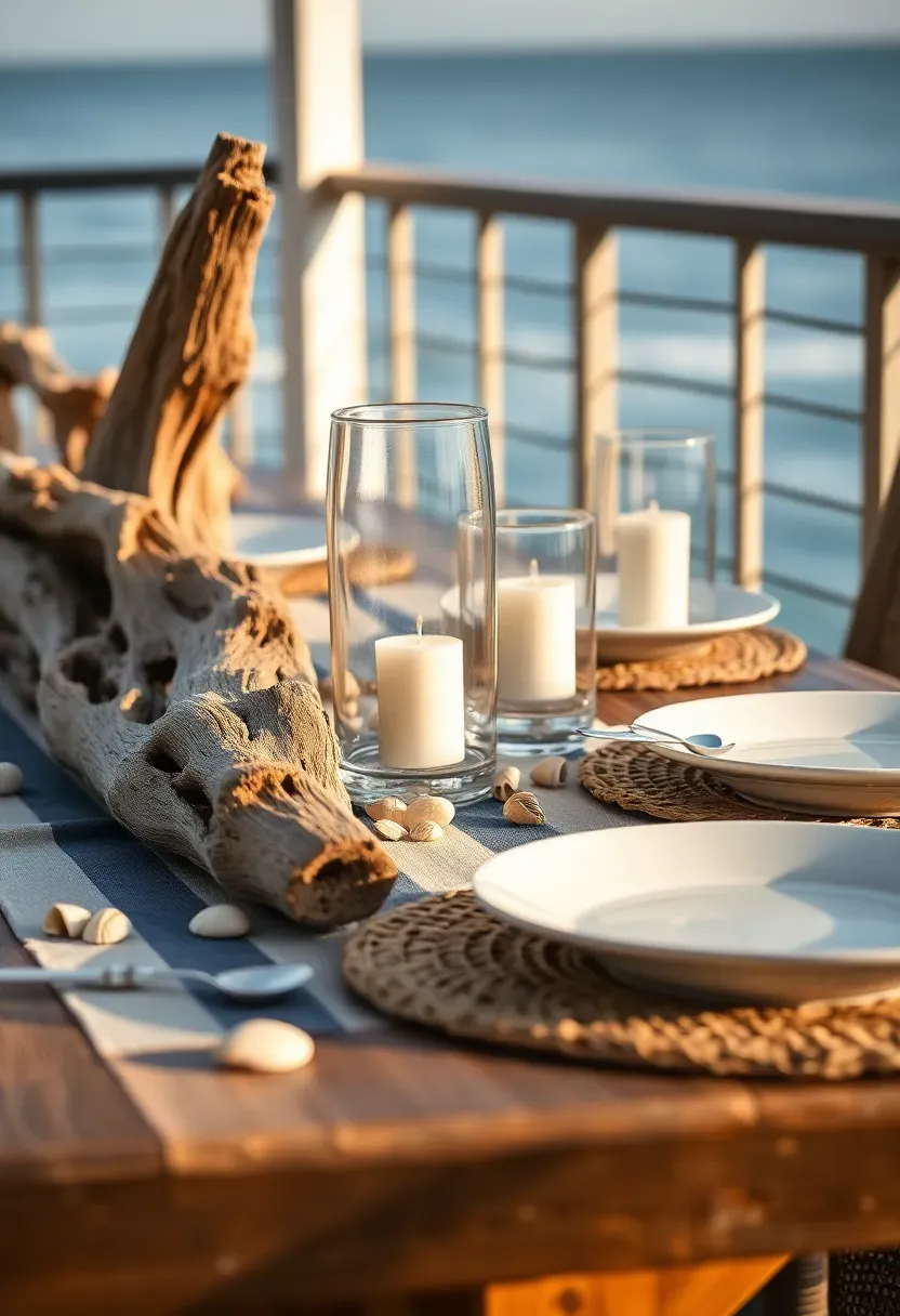 Coastal seaside dinner table with driftwood centerpiece, blue linen, seashells, and hurricane lanterns