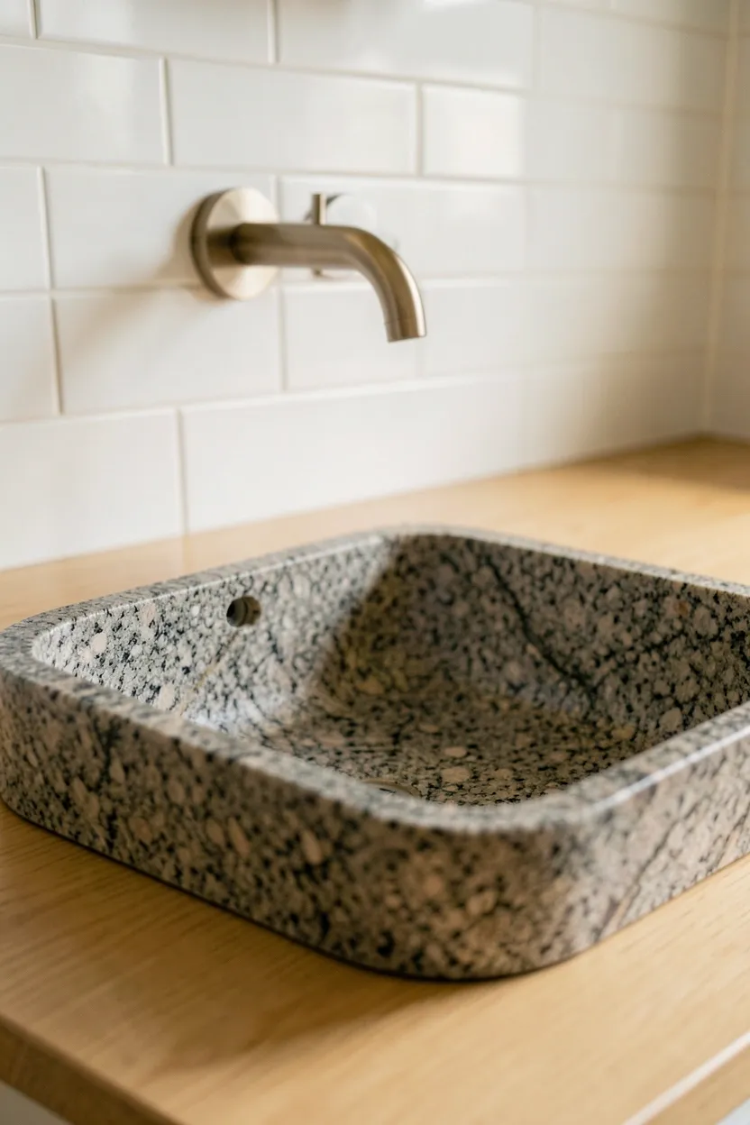 Honed sandstone vessel sink on ash wood countertop in a japandi bathroom — earthy natural material contrast
