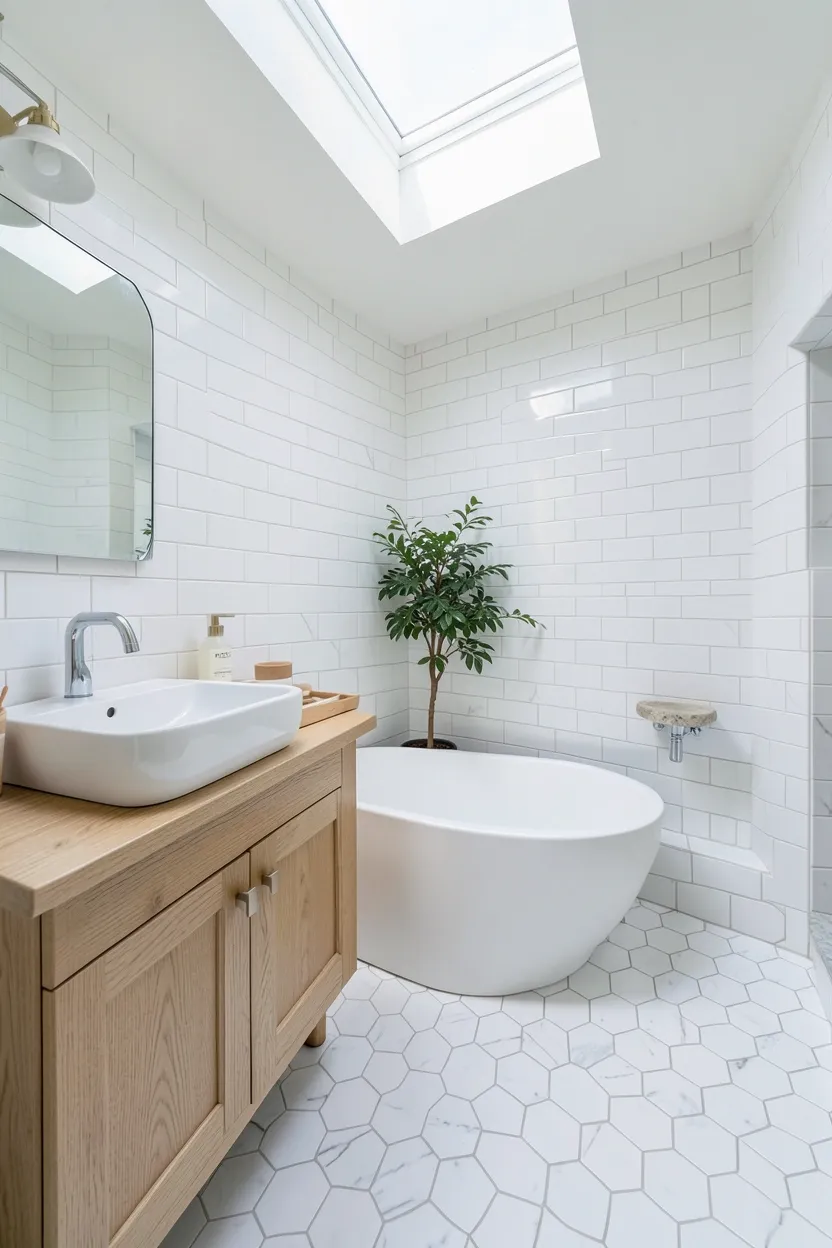 White bathroom with large skylight flooding the space with natural light, light oak vanity, white freestanding tub, and natural stone accents