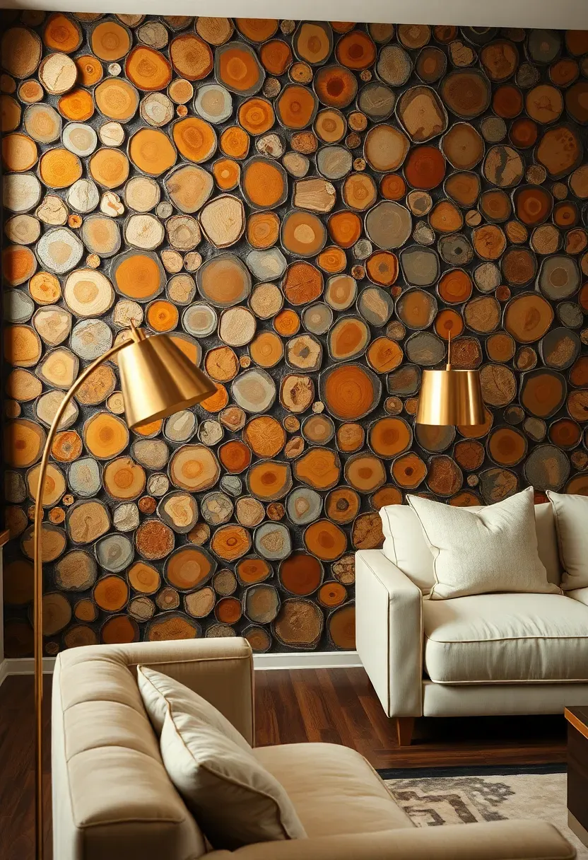 Luxury living room with a petrified wood mosaic accent wall featuring sliced petrified wood rounds in amber, grey, and crystal tones arranged in an organic pattern