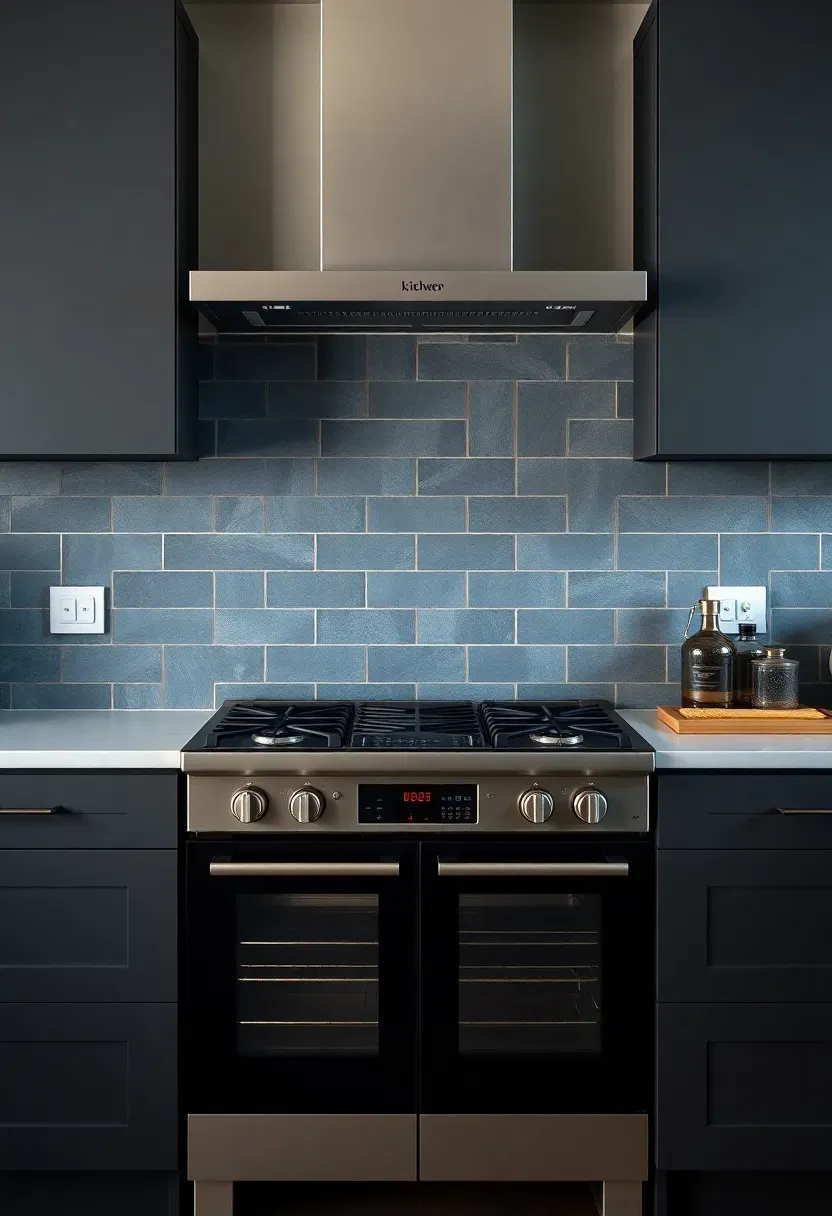 charcoal gray slate tile backsplash behind stove with irregular cleft surface texture and dark kitchen cabinetry