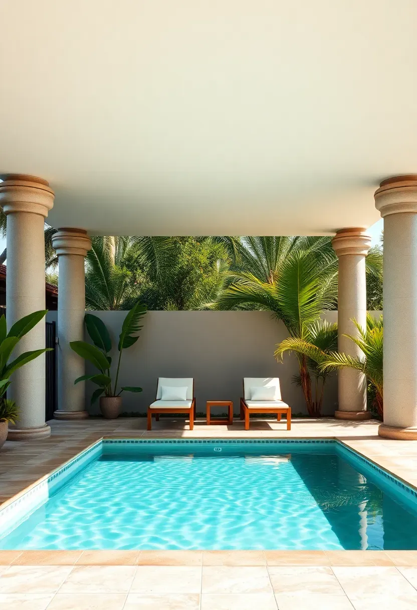 A poolside pavilion with a white stucco roof and smooth concrete columns next to a rectangular swimming pool, with lounge chairs and tropical plants around the perimeter