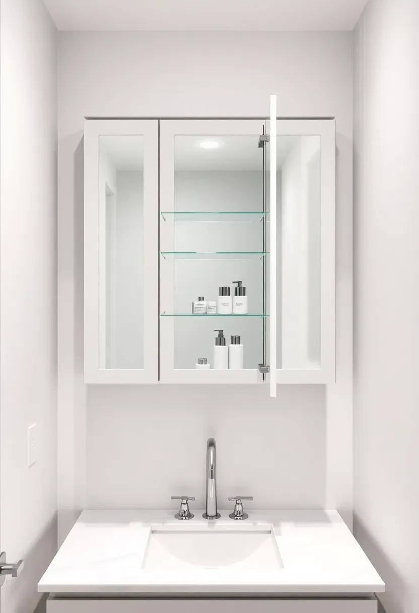 Recessed three-door medicine cabinet with mirrored fronts above a vanity in a small bathroom, doors slightly ajar to show interior shelves