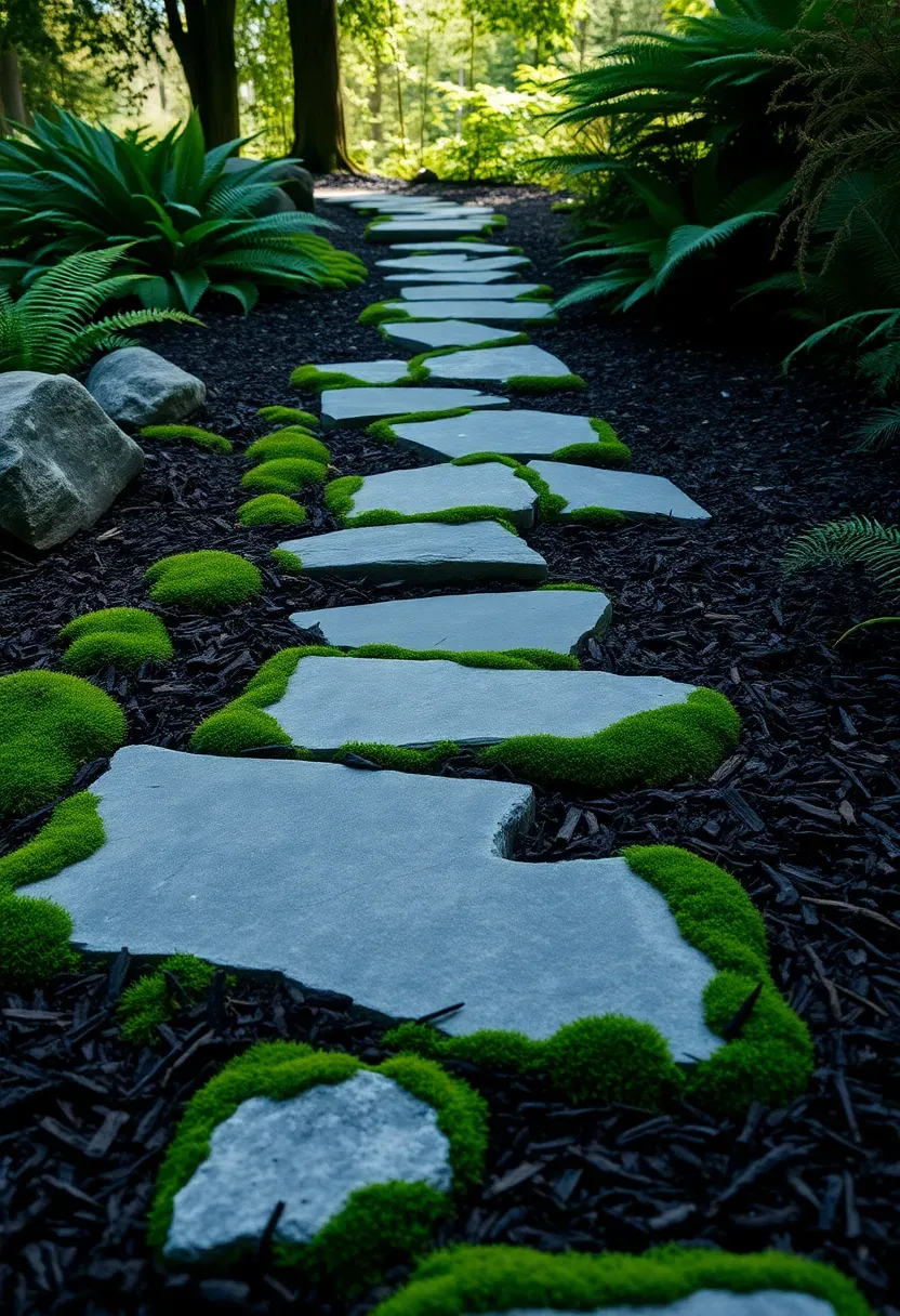 Irregular flagstone stepping stones set in a mulch path through a shaded backyard garden with moss growing in the joints