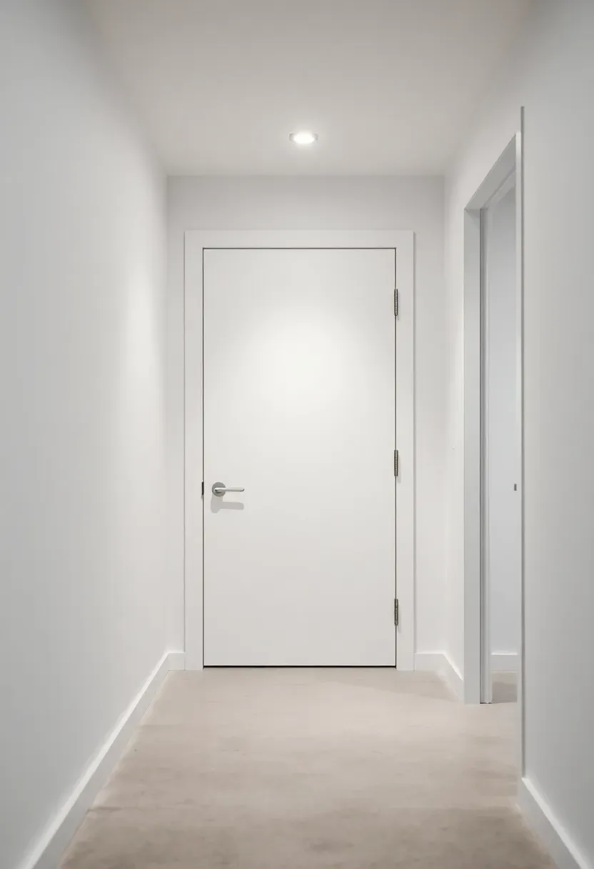 A flat-panel flush door with no visible frame in matte white seamlessly blending into a modern basement hallway wall
