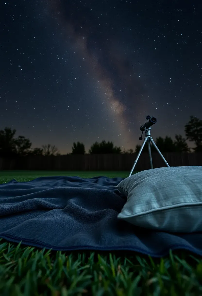 A flat grassy backyard area at night with blankets and pillows spread out, a low telescope on a tripod, and a clear sky full of stars above