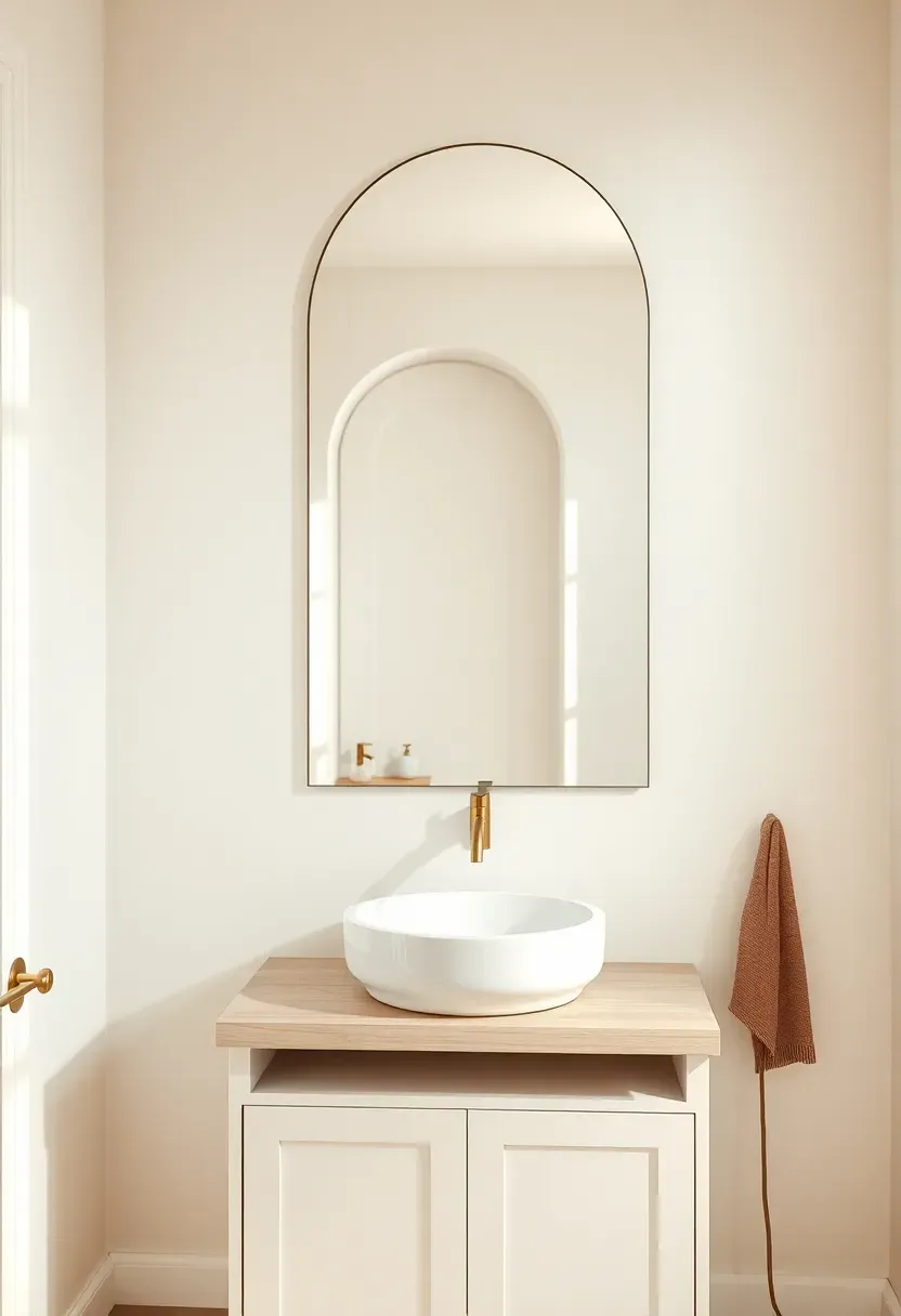 arched bathroom mirror and arched doorway in a soft white bathroom