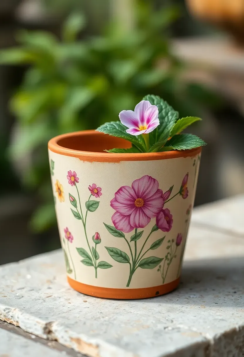 decoupage flower pot covered in vintage botanical print paper with a matte varnish finish holding spring blooms