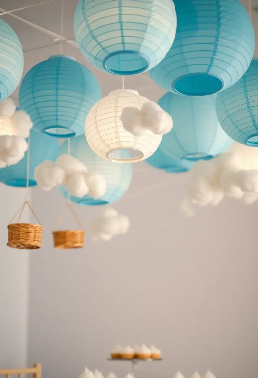 whimsical hot air balloon baby shower display with pastel blue paper lanterns suspended from the ceiling with baskets attached, surrounded by fluffy white clouds