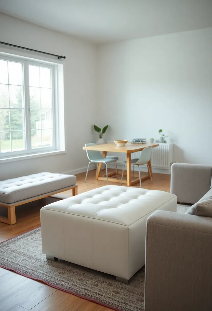 Hyper-realistic view of minimalist family room showing multifunctional furniture: white leather storage ottoman used as coffee table, extendable dining table with leaf stored, sofa bed with clean lines. Materials: white leather, light wood, gray upholstery. Natural window light, organized clutter-free surfaces. Visible room context with built-in wall shelves. No text, no logos, no watermarks.</p>