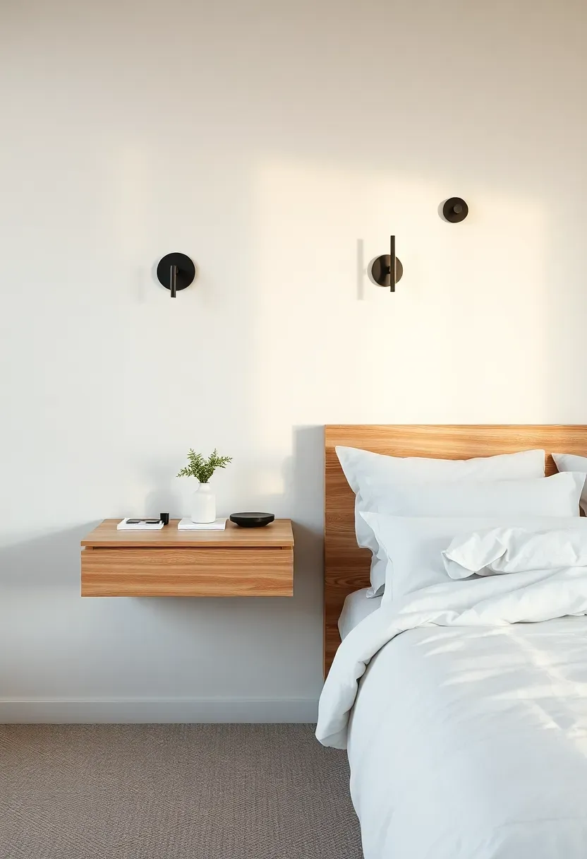 Floating nightstands with slim plug-in sconces