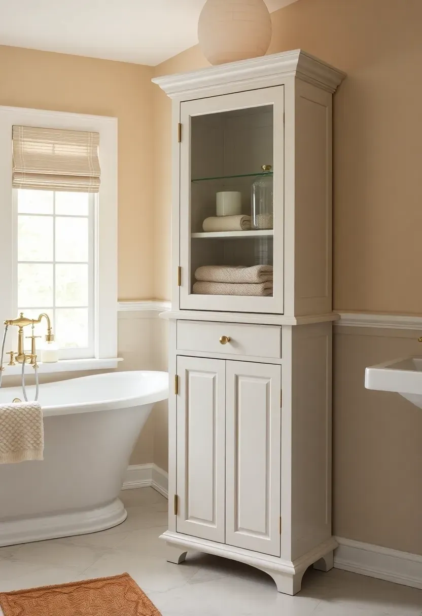 Tall white linen cabinet beside a bathtub holding folded towels, glass jars, and woven baskets