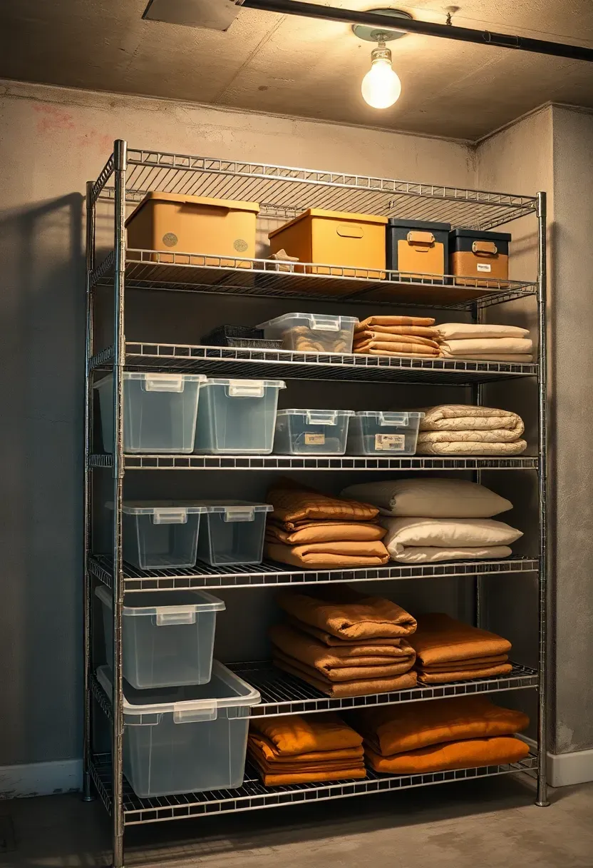 Heavy-duty freestanding metal shelving unit loaded with organized bins and boxes in a clean basement storage area