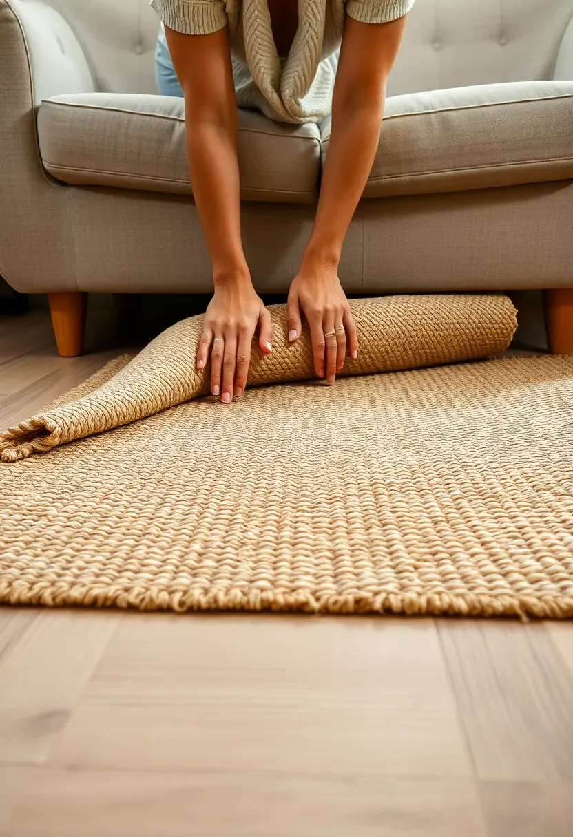 Person unrolling a light-toned jute area rug underneath the front legs of a compact sofa in a small living room, defining the seating zone
