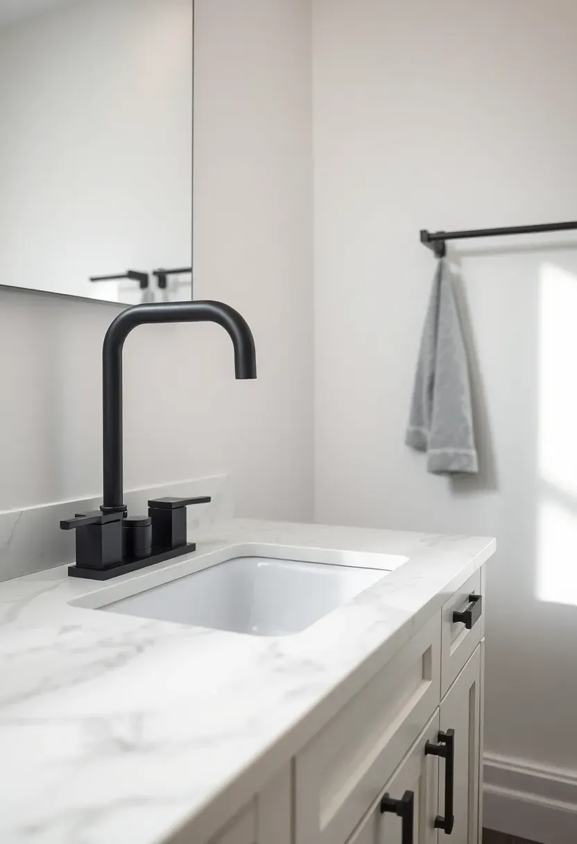 Close-up of matte black bathroom faucet, cabinet pulls, and towel bar against white marble countertop and white wall