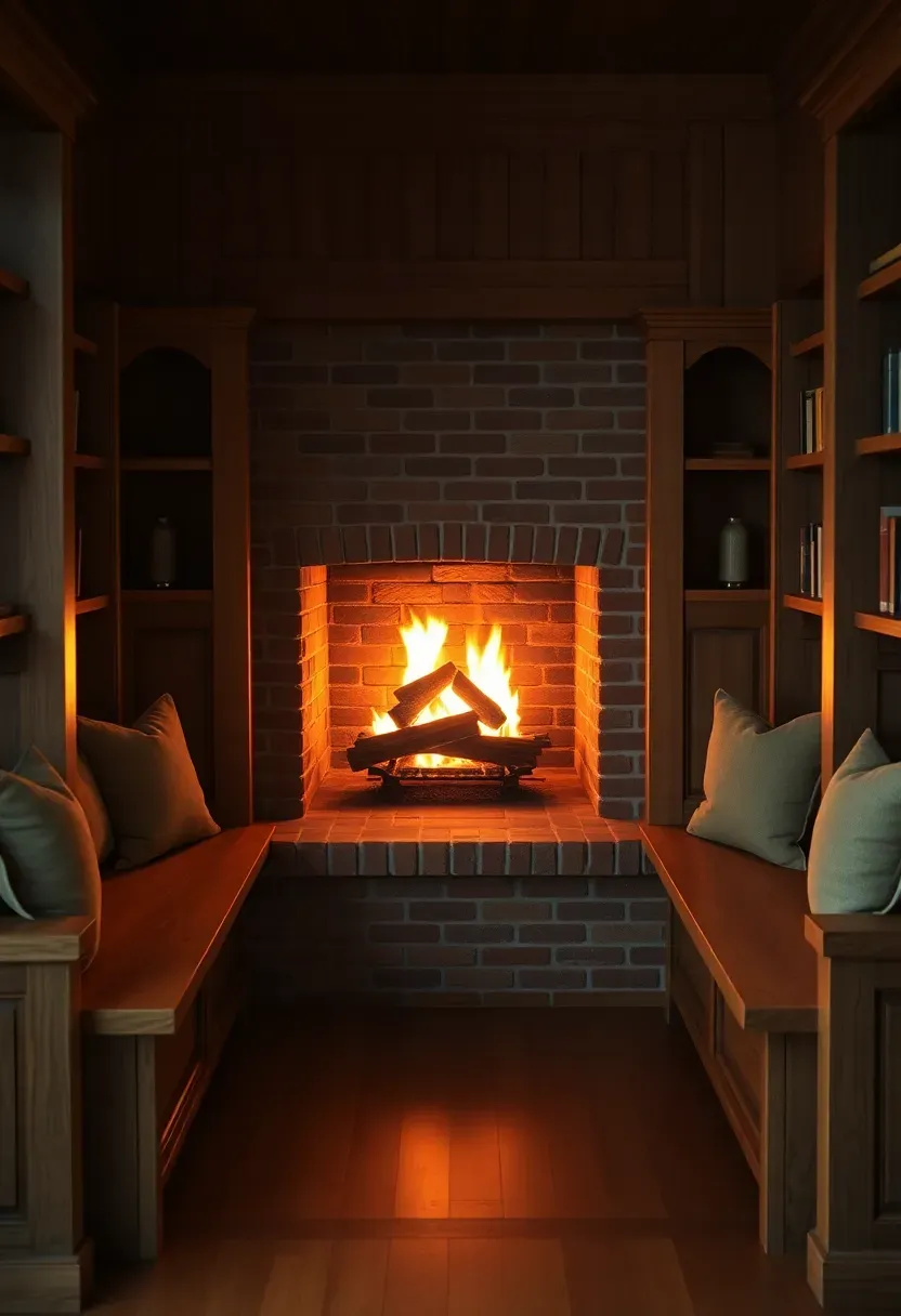 Cozy inglenook fireplace nook with built-in oak benches, tile hearth, and warm fire glow