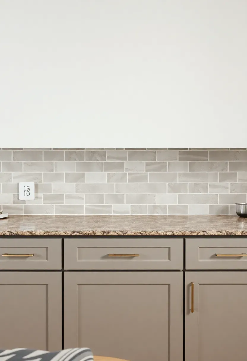elongated subway greige tile backsplash in a transitional kitchen with fantasy brown granite counters and warm gray cabinets