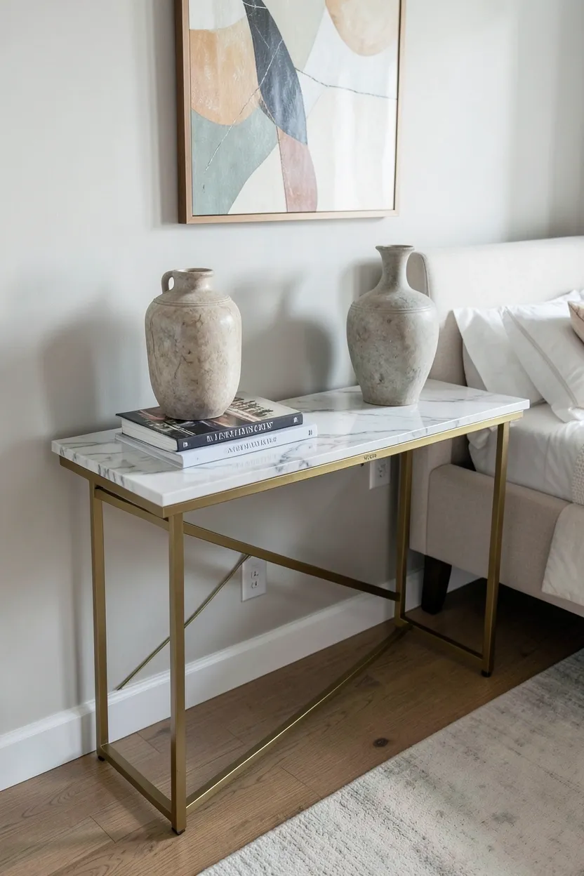 Rustic reclaimed wood media console in a cozy earthy living room styled with books and terracotta decor