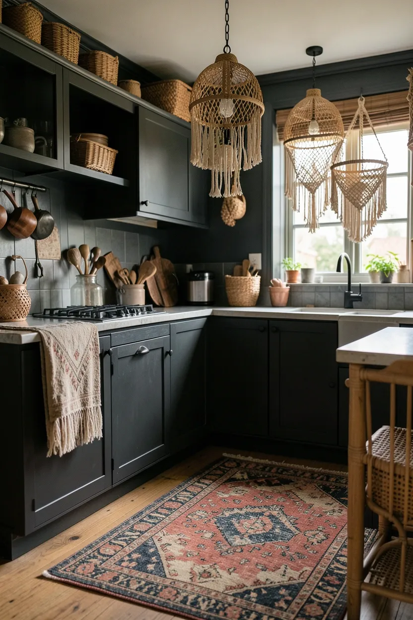Hyper-realistic eye-level photograph of a boho moody kitchen with charcoal cabinets, rattan light fixtures, patterned rugs, macramé plant hangers. Warm natural light from window. Materials: charcoal finish, natural rattan, vintage textiles, woven textures. Eclectic mood. Shallow depth of field, sharp details on rattan texture. No text, no logos, no watermarks.</p>